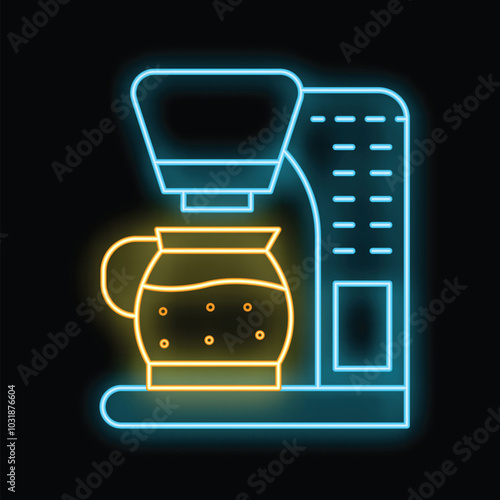 Bright neon icon of a drip coffee machine brewing coffee into a glass pot on a black background