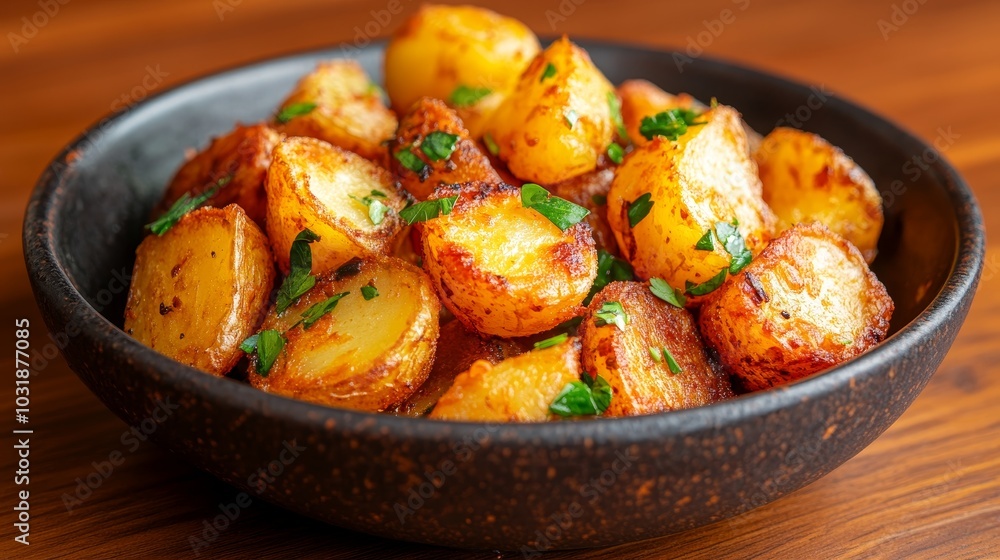 Crispy Patatas Bravas: A Spanish Delight, a close-up of golden-brown potato wedges, perfectly seasoned and served in a rustic bowl, a classic Spanish tapas dish. Crispy Patatas Bravas: A Spanish Delight, a close-up of golden-brown potato wedges, perfectly seasoned and served in a rustic bowl, a classic Spanish tapas dish.