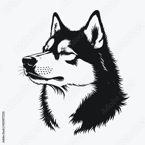  a black and white illustration of a dog's head. The dog appears to be a Siberian Husky, with a pointed snout and pointed ears