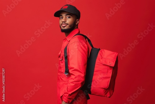 Confident delivery worker in bright red uniform with red backpack