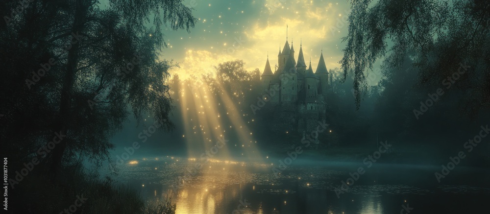 A mysterious castle stands shrouded in fog and bathed in golden sunlight, casting a magical glow over the surrounding lake. A mysterious castle stands shrouded in fog and bathed in golden sunlight, casting a magical glow over the surrounding lake.