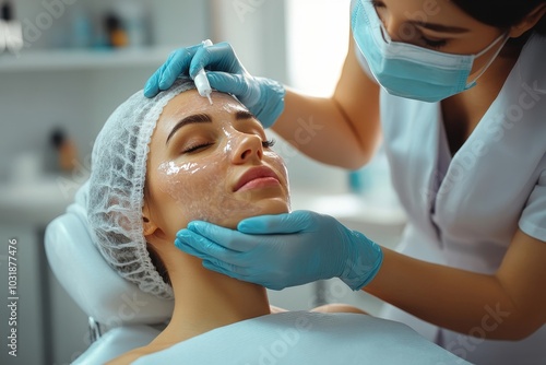 Wallpaper Mural Cosmetology beauty procedures. Lady receiving rejuvenation treatment, facial chemical peel therapy in beauty salon or medical center, Generative AI Torontodigital.ca