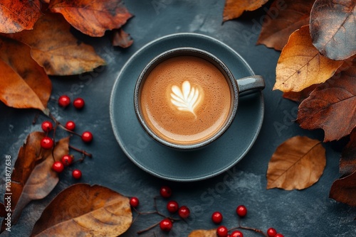 White coffee cup with a frothy brown liquid in it sits on a table with red berries and leaves. Concept of warmth and comfort, as the coffee cup is a common symbol of relaxation and enjoyment