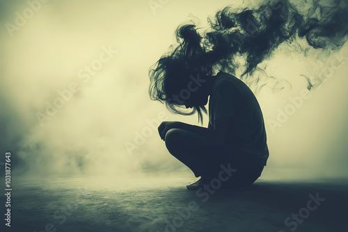 A woman with smoke billowing from her head, representing the concept of overthinking.
