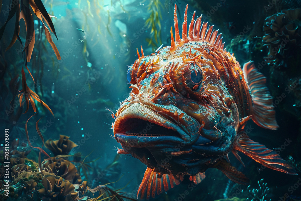 Terrifying scary sea monster in dark depths of deep ocean Terrifying scary sea monster in dark depths of deep ocean