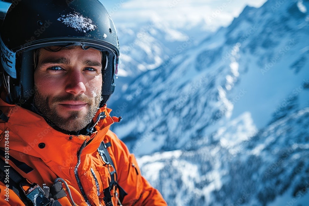 Man in an orange jacket is wearing goggles, a helmet. He is smiling and looking at camera. man dressed in winter sports gear, standing in a helicopter with the side door open, preparing to jump out. Man in an orange jacket is wearing goggles, a helmet. He is smiling and looking at camera. man dressed in winter sports gear, standing in a helicopter with the side door open, preparing to jump out.