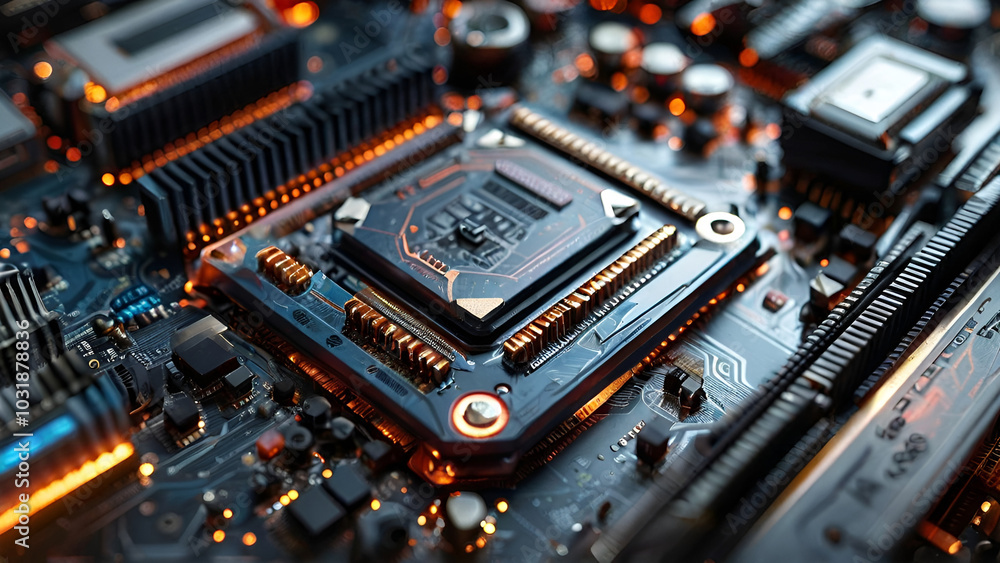 A detailed close-up view of a computer motherboard showcasing its intricate circuitry and components. A detailed close-up view of a computer motherboard showcasing its intricate circuitry and components.