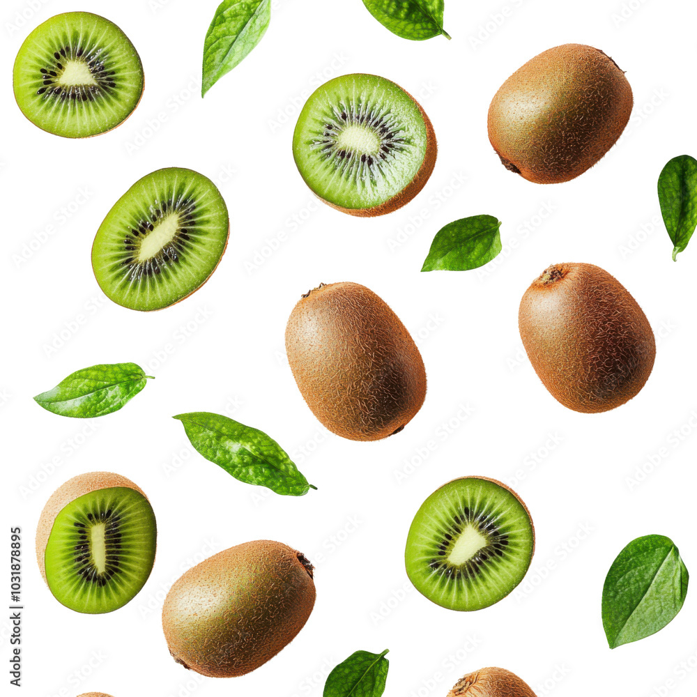 Fototapeta premium Kiwi Fruit and Leaves Falling, High Resolution PNG Transparent Background