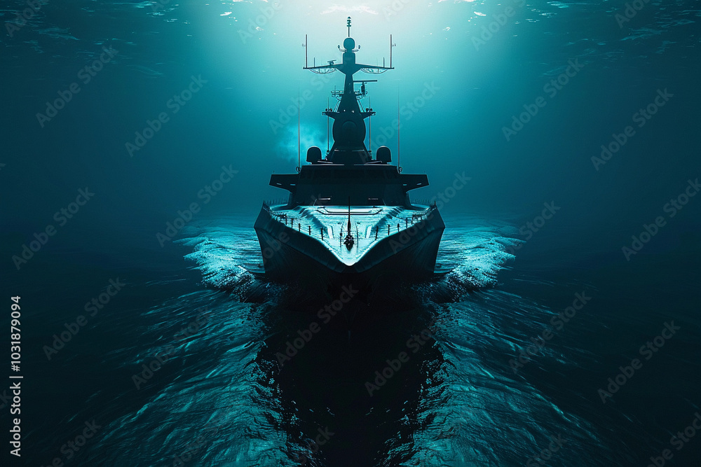 Beautiful large submarine floating in middle of ocean during mission Beautiful large submarine floating in middle of ocean during mission