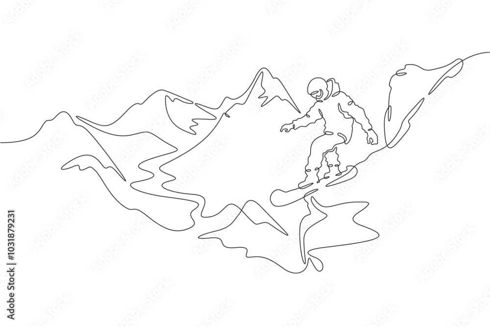 Continuous one line drawing downhill on a snowboard. Snowboarder in the mountains. Mountain landscape. Extreme. One continuous line isolated minimal illustration. Continuous one line drawing downhill on a snowboard. Snowboarder in the mountains. Mountain landscape. Extreme. One continuous line isolated minimal illustration.