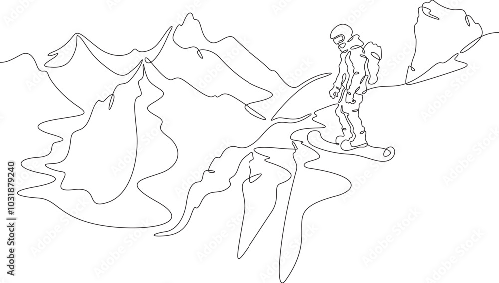 Continuous one line drawing downhill on a snowboard. Snowboarder in the mountains. Mountain landscape. Extreme. One continuous line isolated minimal illustration. Continuous one line drawing downhill on a snowboard. Snowboarder in the mountains. Mountain landscape. Extreme. One continuous line isolated minimal illustration.