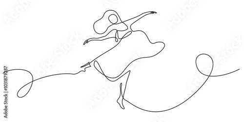 one continuous line drawing of woman dancing happily.one line drawing of dancing woman in dress clothes.single line vector illustration.isolated white background