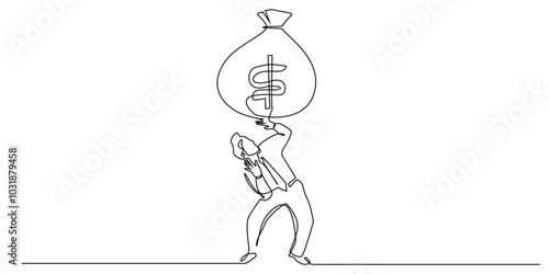 one continuous line drawing of business man crushed by money bag.one line drawing of business financial values.single line vector illustration.isolated white background