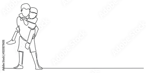 one continuous line drawing of brother holding sister.one line drawing of brotherhood.single line of brother and sister.one line vector illustration.isolated white background