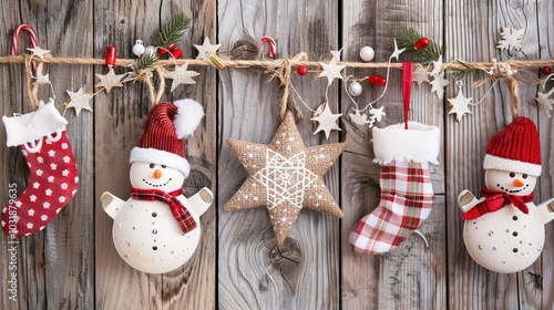 An arrangment of Christmas decoration on wooden background