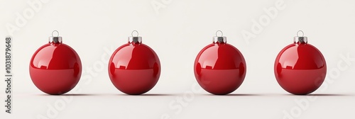 Four glossy red Christmas baubles, perfect for festive decorations, symbolizing holiday spirit, celebration, joy, and tradition.