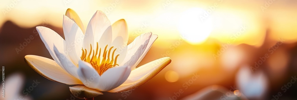 A tight shot of a white bloom against a sunset backdrop, with a softly blurred background A tight shot of a white bloom against a sunset backdrop, with a softly blurred background
