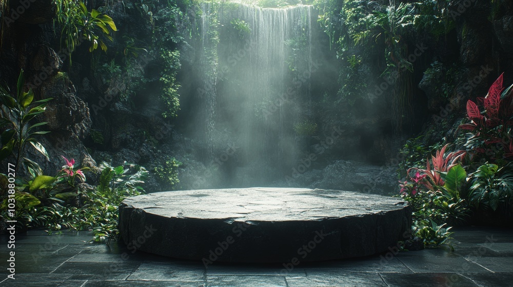 An elegant black marble podium surrounded by tropical leaves and smoke. A rendering in 3D. An elegant black marble podium surrounded by tropical leaves and smoke. A rendering in 3D.