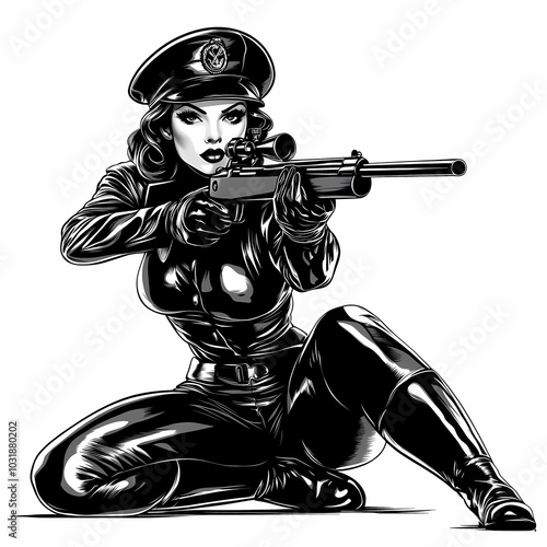 Tattoo Design of pin-up girl kneeling with a rifle, classic pin-up style with a hunting theme sketch engraving,fictional character vector illustration