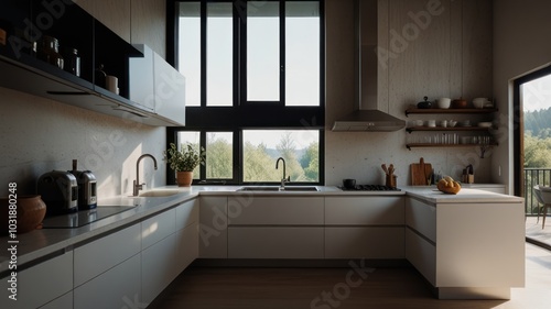 Modern kitchen with white cabinets and a large window overlooking a green forest.