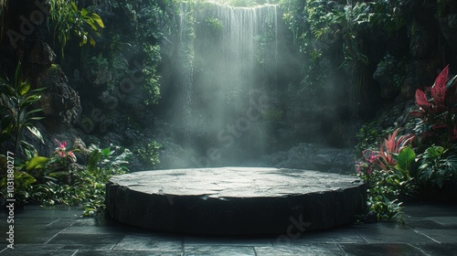 An elegant black marble podium surrounded by tropical leaves and smoke. A rendering in 3D.