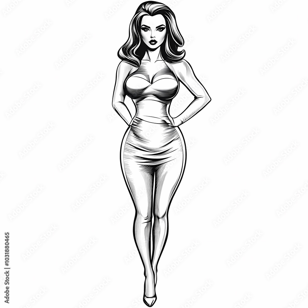 Tattoo Design of pin-up woman wearing a form-fitting tight dress, vintage fashion beauty sketch engraving,fictional character vector illustration