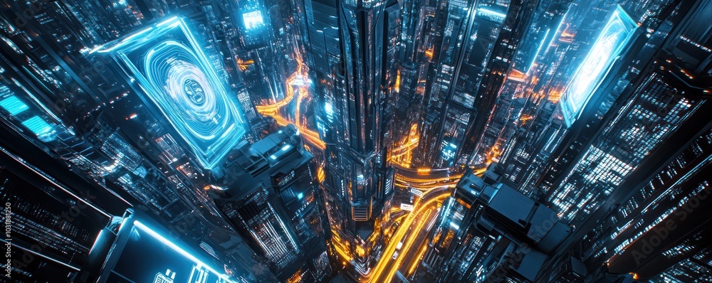 Obraz premium Futuristic Neon Cityscape with Skyscrapers and Digital Billboards at Night