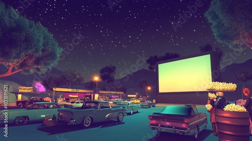 A nostalgic 70s drive-in theater with classic cars parked under the stars