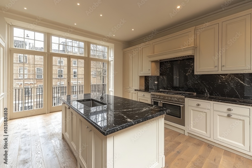 Fototapeta premium White cabinets and a black countertop make up this sleek modern kitchen