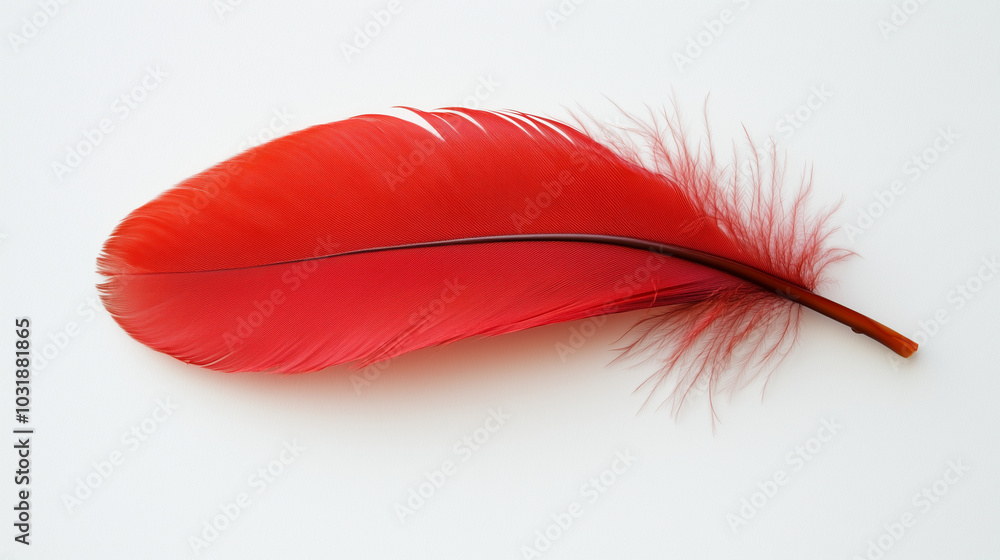 A bright red feather lying on a white background, showcasing the delicate details of the feather's structure A bright red feather lying on a white background, showcasing the delicate details of the feather's structure