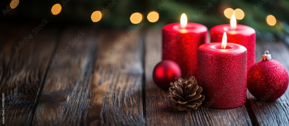 Christmas banner with red candles with flame, balls and cone on wooden boards. Space for text Christmas banner with red candles with flame, balls and cone on wooden boards. Space for text