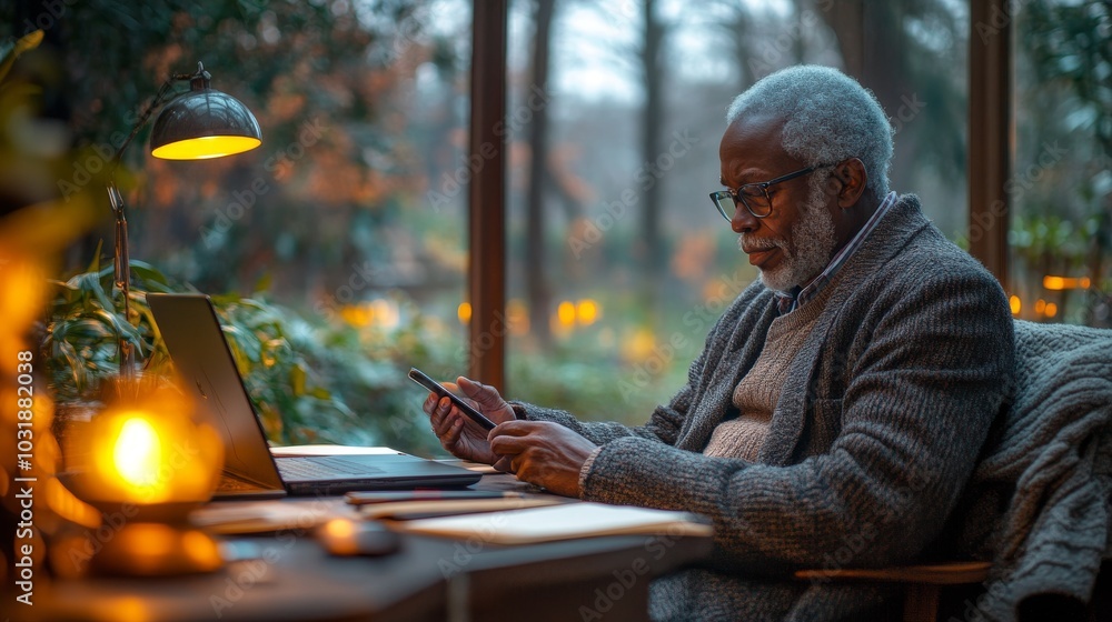 Obraz premium Simple office with a businessperson using a smartphone.