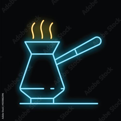 Glowing blue neon sign of a cezve brewing traditional turkish coffee