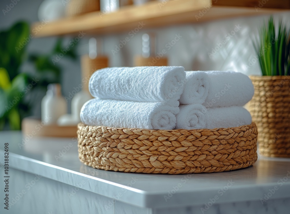 The linen closet in the guest room is beautifully organized with fresh white towels and wicker baskets The linen closet in the guest room is beautifully organized with fresh white towels and wicker baskets