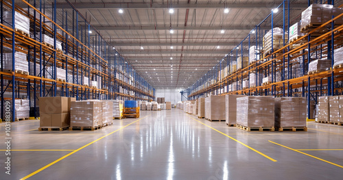 Spacious Modern Warehouse with Stacked Pallets and Boxes