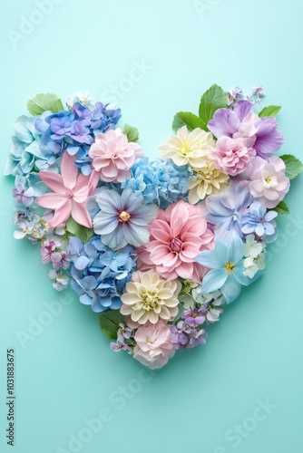 Floral Heart. Beautiful Heart Shape Made of Various Pastel Color Flowers on a Turquoise Background.