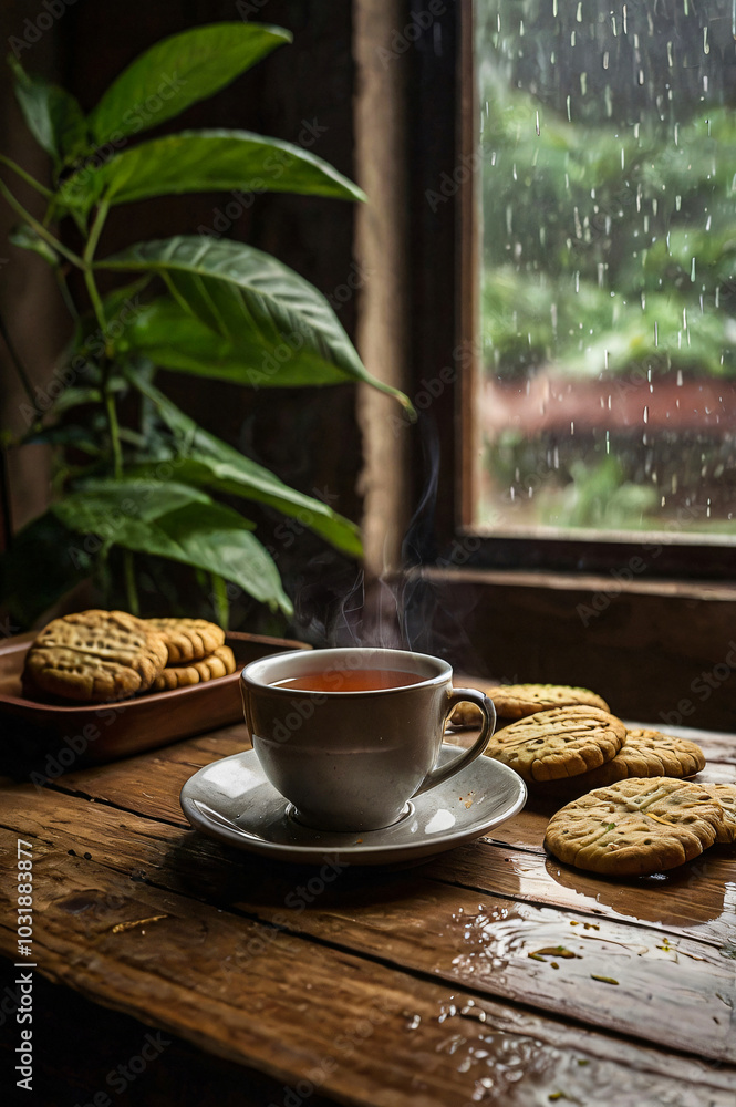 Heavy rain patters against the window as dark clouds loom overhead. A hot cup of tea and cookies rest on an old wooden table, offering comfort while enjoying the serene monsoon view outside. Heavy rain patters against the window as dark clouds loom overhead. A hot cup of tea and cookies rest on an old wooden table, offering comfort while enjoying the serene monsoon view outside.