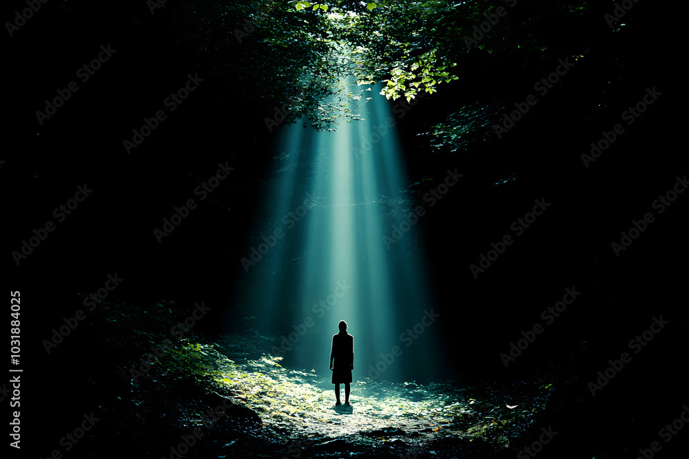 Obraz premium Silhouette of person standing in spotlight of sun rays in dark forest, symbolizing solitude, mystery, and connection with nature. Perfect for themes of isolation, introspection, and nature