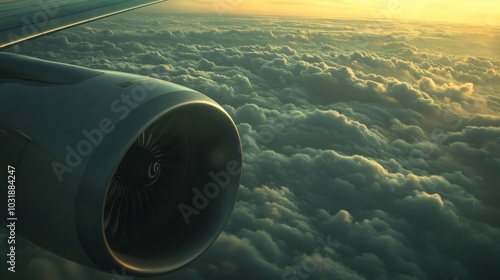 In the background is a close-up photograph of an airplane blade and an engine detail while a turbojet is in flight.