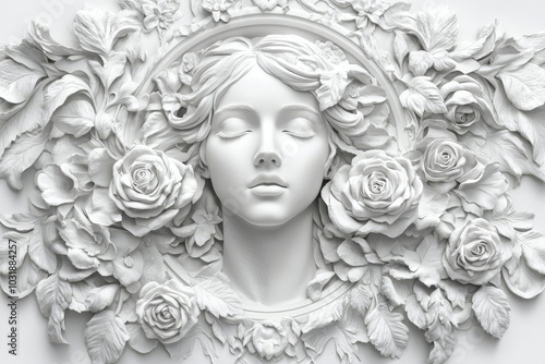 Gypsum picture on textured wall with sculpted bas relief