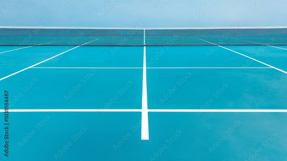 Minimalist blue tennis court background with white lines and a net, perfect for sports, fitness, and competition themes.