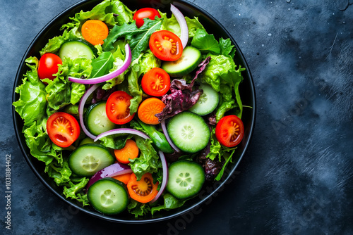 A black bowl filled with lots of different types of vegetables