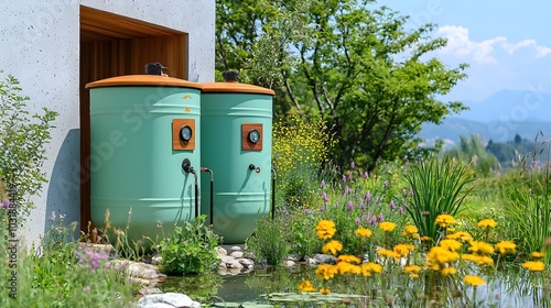 Camouflaged green water tanks seamlessly blending into a lush verdant garden landscape The tanks are hidden and integrated into the surrounding foliage and vegetation