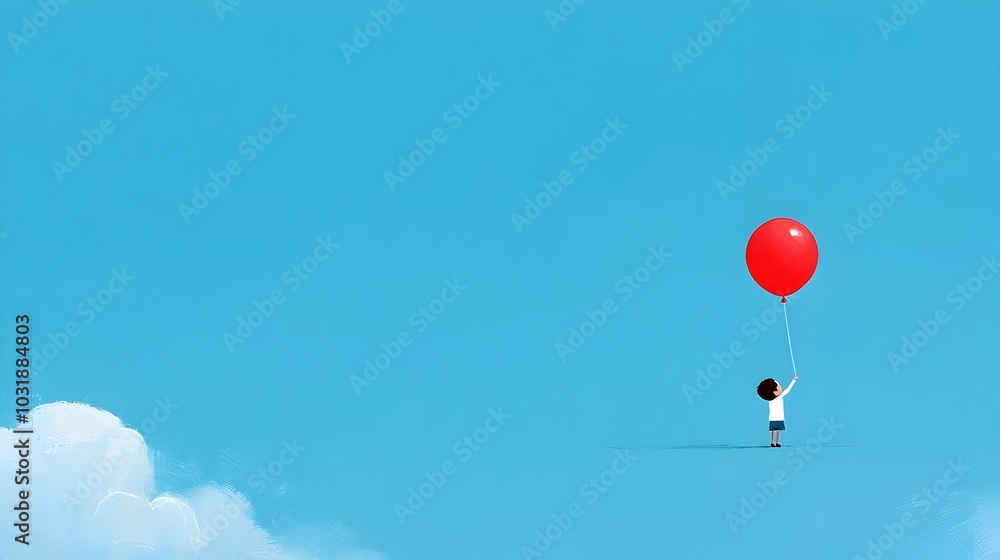 Obraz premium Carefree Child Releasing a Bright Red Balloon into the Clear Blue Sky with Fluffy White Clouds on a Sunny Calm Day Outdoors Concept of and Hope