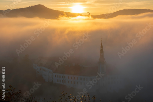 Sunrise in city of Decin, Czech republic photo