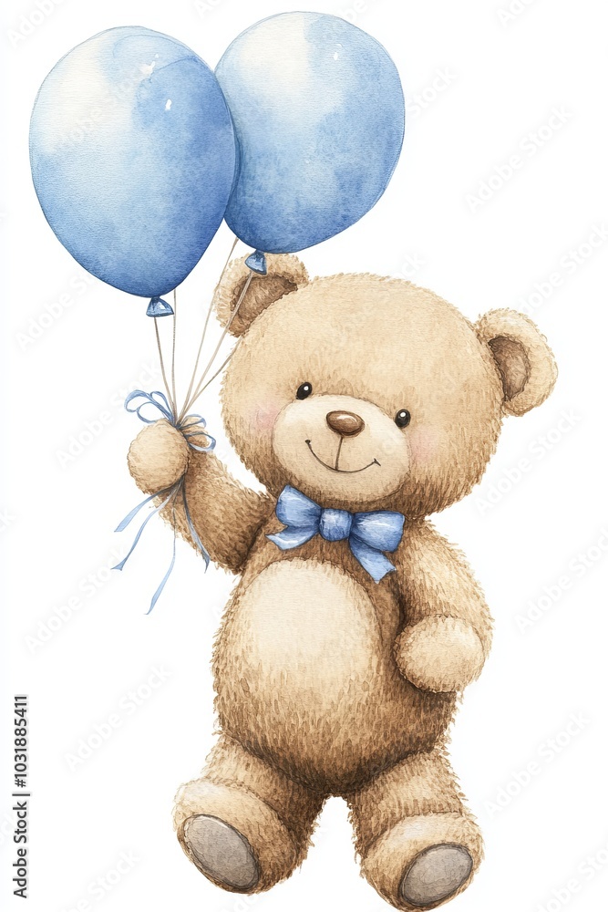 This watercolor illustration shows a brown bear holding blue balloons for a baby shower invitation This watercolor illustration shows a brown bear holding blue balloons for a baby shower invitation