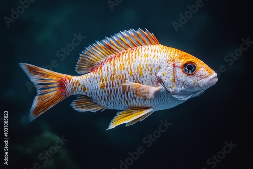 the beside view Lane Snapper, left side view, white copy space on right, Isolated on dark Background