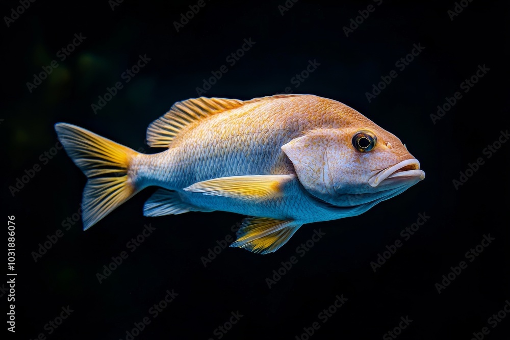 Fototapeta premium the beside view Mutton Snapper, left side view, white copy space on right, Isolated on dark Background