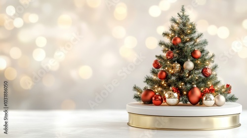 A presentation podium with a 3D podium display and a Christmas background. Stock photo