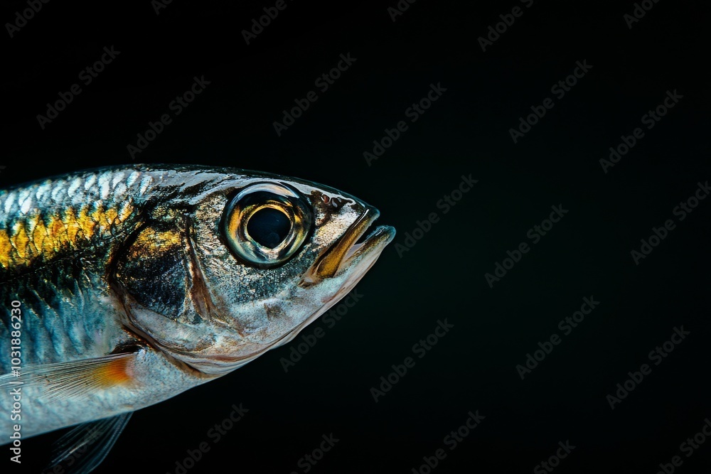 the beside view Pacific Herring, left side view, white copy space on right, Isolated on dark Background the beside view Pacific Herring, left side view, white copy space on right, Isolated on dark Background